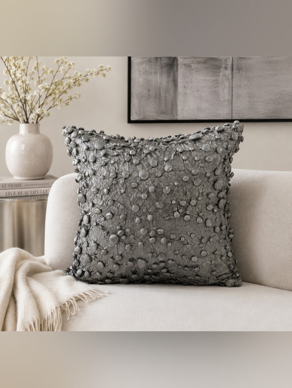 Studio A Home Global Views Metallic Gray Textured Button Feather Pillow 20x20